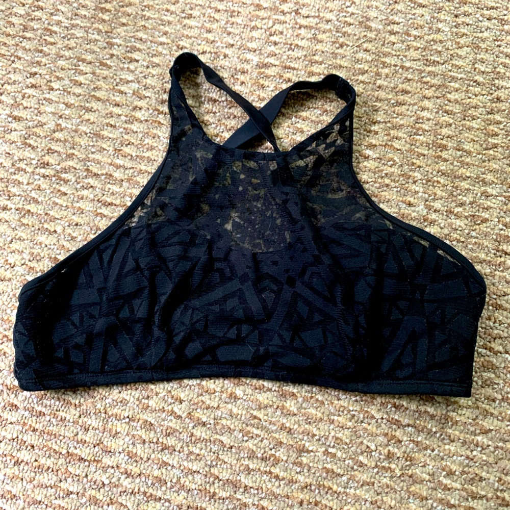 Bathing suit top with sheer geometric print